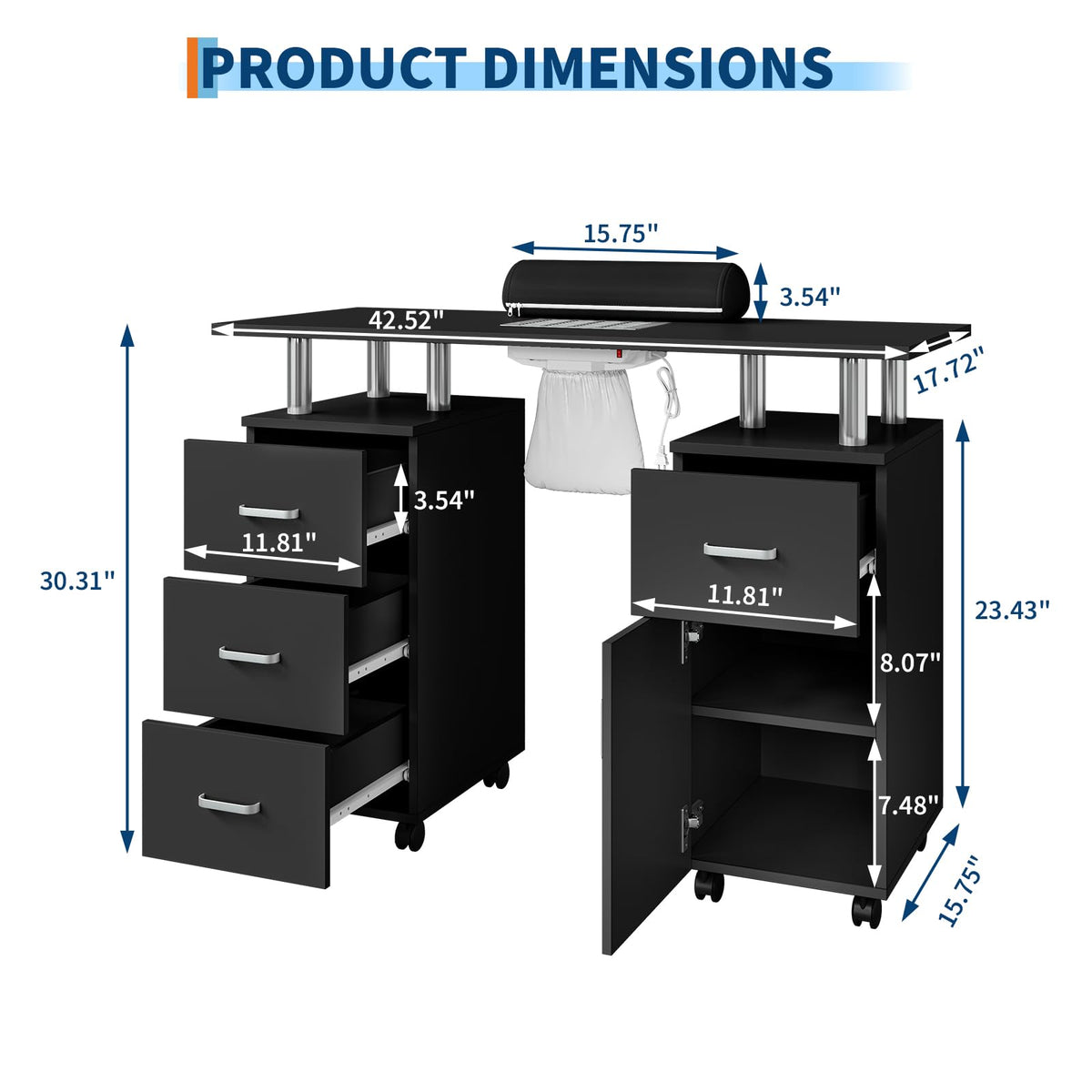PeacefulHues Manicure Table for Nail Tech, Nail Desk Table Station with Electric Dust Collector Side Cabinet 4 Drawers and Wrist Rest, Beauty Salon Nail Supplies Decor Workstation, Black