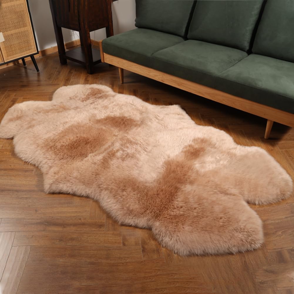 IRIWOOL Premium Genuine Fur Sheepskin Rug Real Australia Sheepskin Natural Luxury Fluffy Lambskin Fur Area Rug Seat Covers for Kids Bedroom Sofa Chair Cover (Light Brown, 4ft x 6ft)
