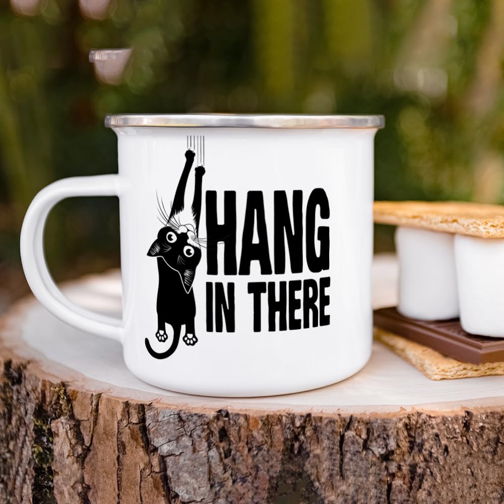 Hang in There Enamel Camping Coffee Mug - Funny Inspirational Motivational Cat Gift Cup for Friend, Coworker, Women,