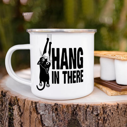 Hang in There Enamel Camping Coffee Mug - Funny Inspirational Motivational Cat Gift Cup for Friend, Coworker, Women,