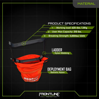 Frontline Fall Protection RLA18 Rescue Ladder Kit 18' | Breaking Strength: 5,000lbs/ 22kN | OSHA Compliant Rescue Kit with Deployment Bag | ANSI Z359.12 Steel Carabiner (30kN)