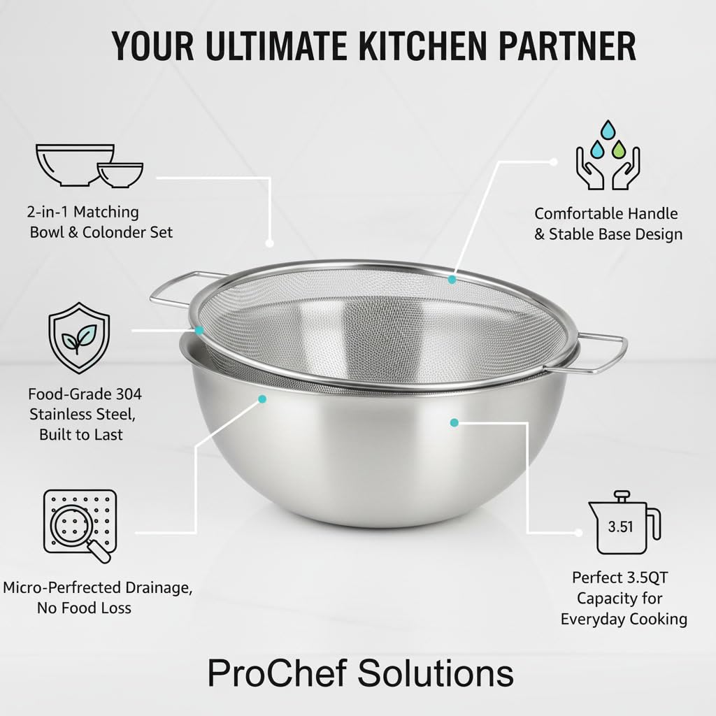 304 Stainless Steel Kitchen Colander Set, 3.5QT Colander with Handle and Bowl, 40 Mesh Fine Strainer, Fast Draining for Rice, Pasta, Fruits & Vegetables, Dishwasher Safe