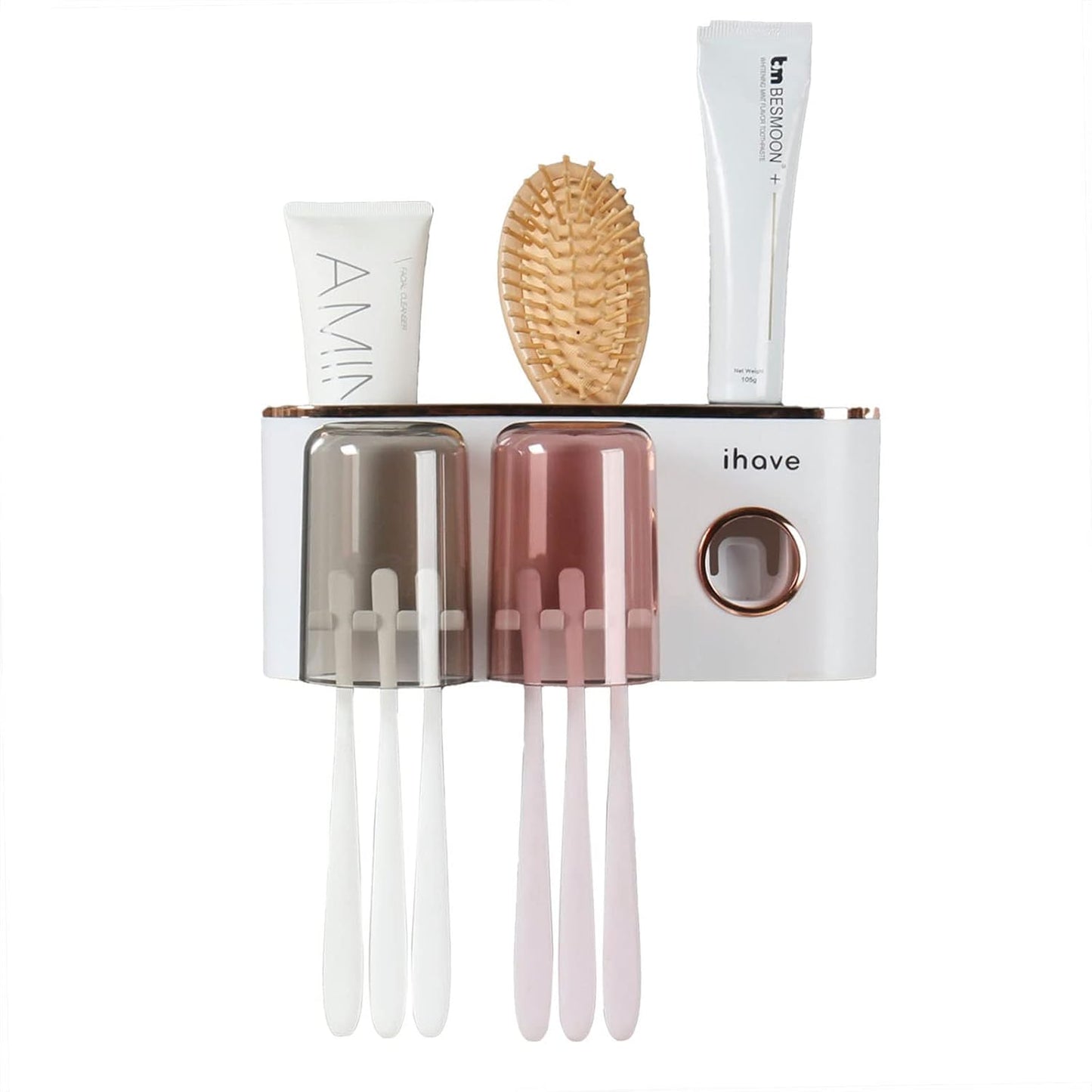 2 iHave Toothbrush Holders Bathroom Decor with Toothpaste Dispenser, Cups Toothbrush Holder Wall Mounted Bathroom