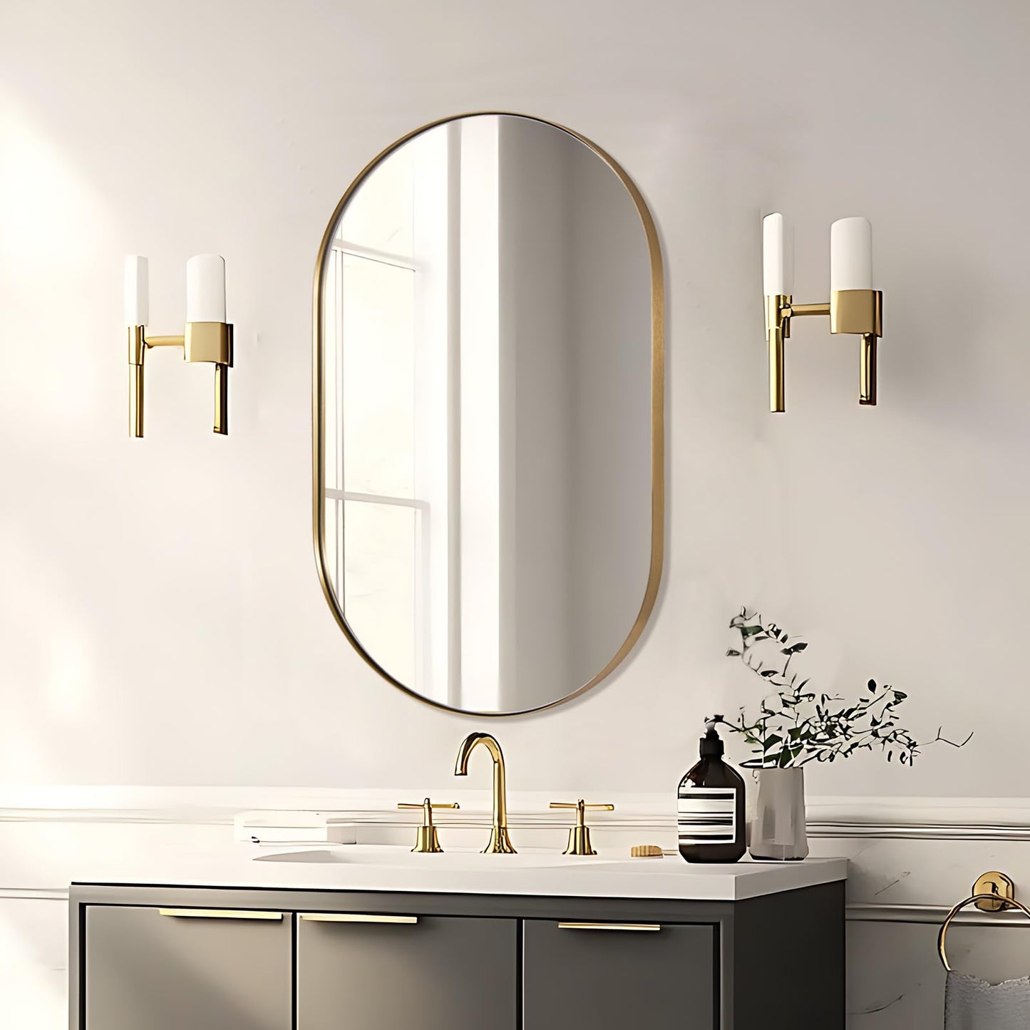 ANDY STAR 26x38 Inch Gold Oval Mirror, Oval Brass Mirror Pill Shaped Stainless Steel 1’’ Deep Metal Frame Wall Mounted Vertically & Horizontally Ideal for Limited Space