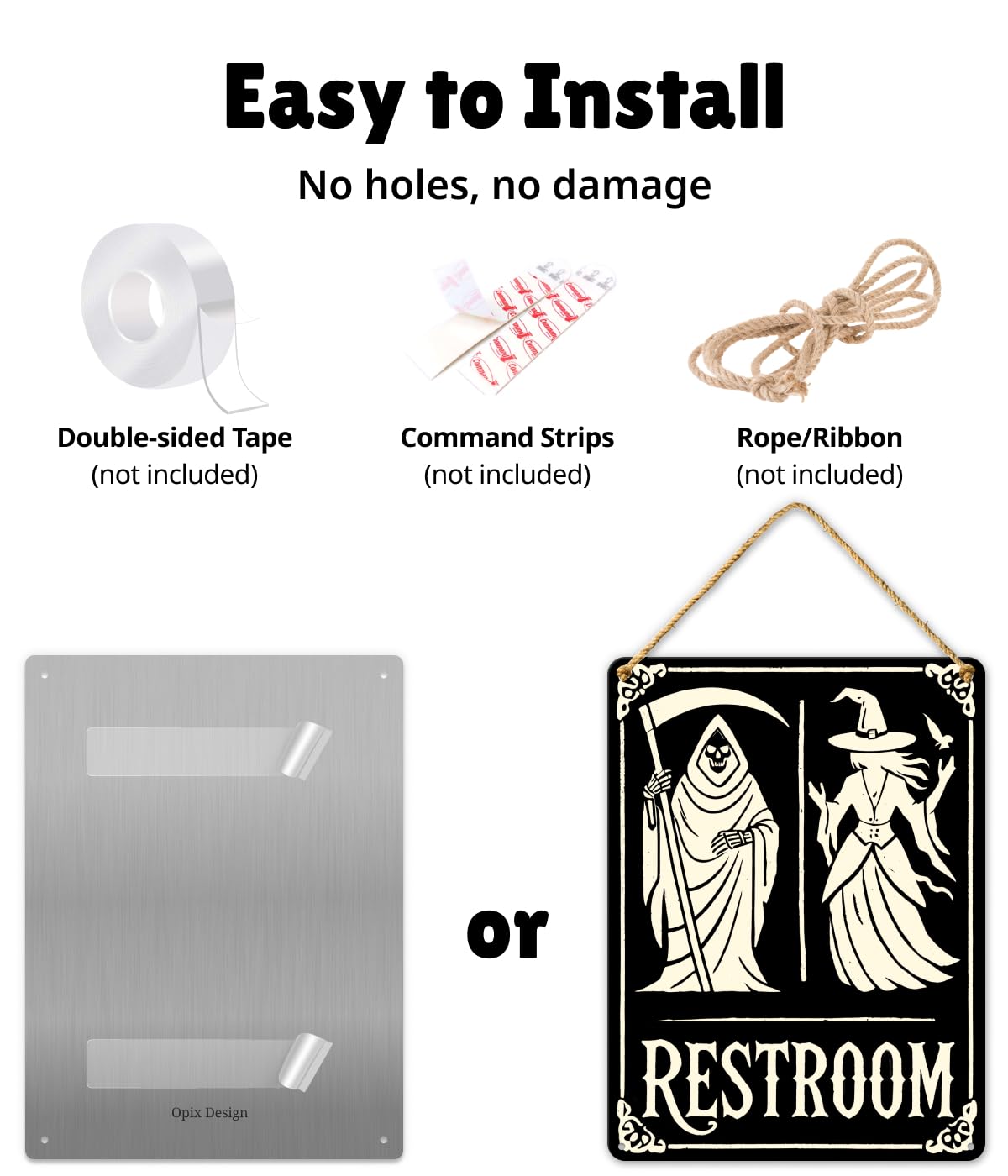 Halloween Bathroom Decor Sign – Grim Reaper & Witch Wall Art, Spooky Restroom Decor, Funny Gothic Metal Plaque 11x8.3 in, Occult, Witchy, Horror Home or Goth Bathroom Decor by Opix Design