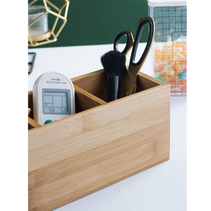 YOSCO Bamboo Wood Pens Pencils Holder Cup for Desk Remote Control Holder, Caddy,Organizer,Desktop Storage with 3 Compartments,Makeup Brush Holder,Silverware Caddy for Party,Office Supplies (3 Grid)
