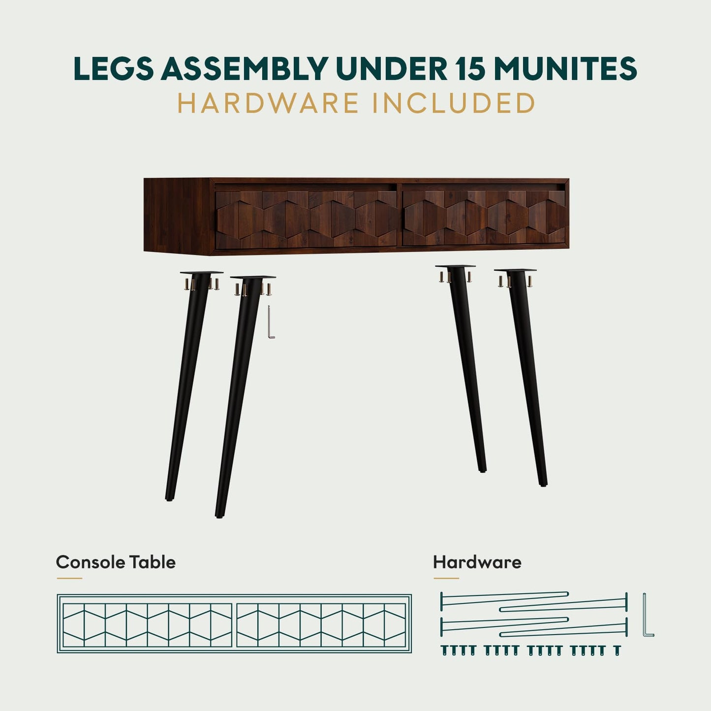 Bme Console Modern Mid-Century 2 Drawers, Unique Geometric Design Sofa Table for Entryway, Hallway, Living Room, Walnut