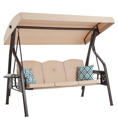 ZZW 3-Seat Outdoor Porch Swing with Stand, Patio Swing with Canopy, 2 in 1 Porch Swing Bed & Patio Swing Chair for Adult, w/Extra Pillows and Cup Holder for Yard