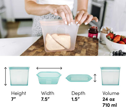 Zip Top Reusable Food Storage Bags | Silicone Meal Prep Container, Sandwich Bag [Teal] | Microwave, Dishwasher and