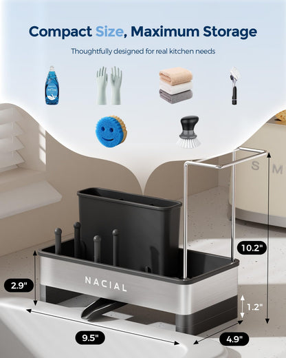 Nacial Kitchen Sink Caddy Organzier with High Brush Holder, Sponge Holder for Kitchen Sink with Two Towel Racks - Rustproof 304 Stainless Steel Kitchen Countertop Storage Essentials