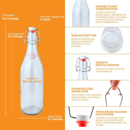 FastRack Swing Top Glass Bottles 16 oz (500ml) – 2 Pack | Clear Flip Top Bottles with Airtight Lids | Reusable Glass Containers for Olive Oil, Vinegar, Kombucha, Beer & Fermentation