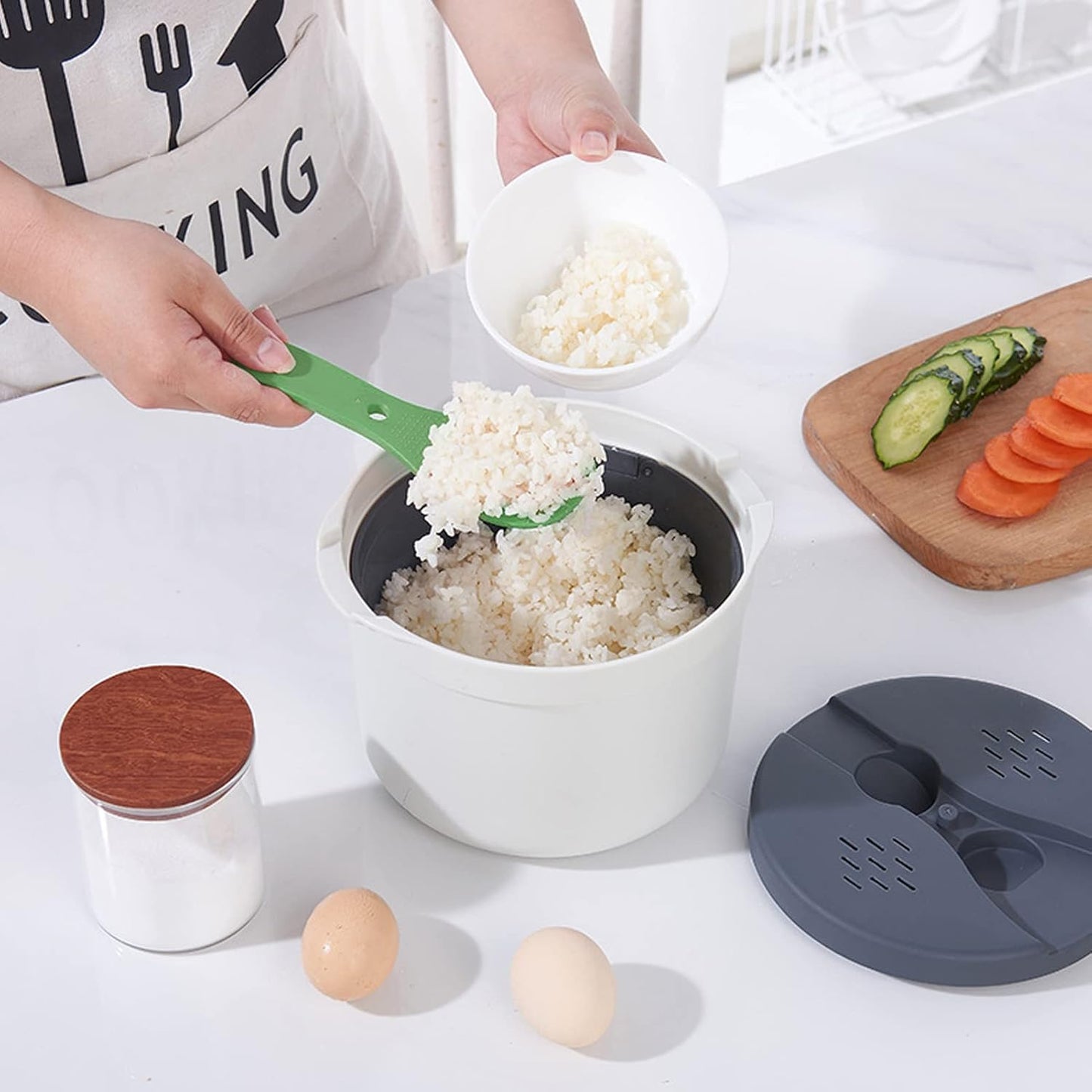 Microwave Rice Cooker Set, 2L Kitchen Cookware, Food Grade PP Material, Strainer Lid, Steaming Pot (Green)