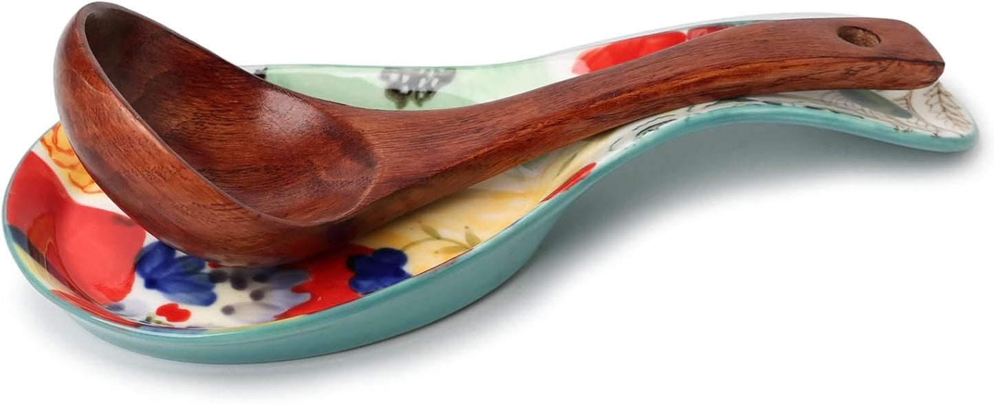 Colorful Hand Painted Spoon Rest, Ceramic Large Spoon Holder for Kitchen Counter, Dishwasher Safe, Multicolor (1 Pack)