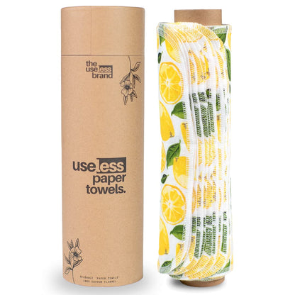 The Useless Brand Reusable Paper Towels Roll | 12 Eco Friendly Washable Cotton Flannel Towels w/Cardboard Roll | Zero Waste & Sustainable | Fits on Most Holders (Lemons, 12 Pack)