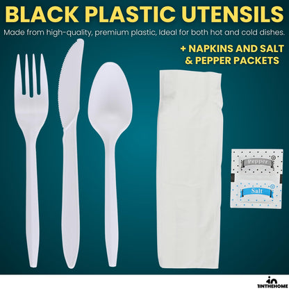 1InTheHome Cutlery Set Disposable, Plastic Wrapped Cutlery Kit (Knife/Fork/Teaspoon/Napkin/Salt and Pepper), Heavy Duty, 50 Pack
