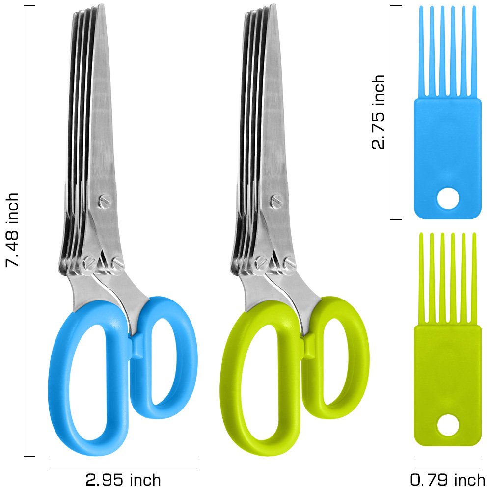 SourceTon 5-Blade Herb Scissors 2 Pack - Heavy Duty Kitchen Shears with Cleaning Brush, Multipurpose Stainless Steel Scissors for Cooking, Crafting, Gift (Ergonomic Left/Right Hand Design)