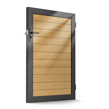 Brukid 3x4 FT Aluminum Fence Gate Kit Wood Grain Aluminum Gate with Decorative Cutout, Lock & Hinges, Left/Right Opening, Weather Resistant for Yard Garden Patio