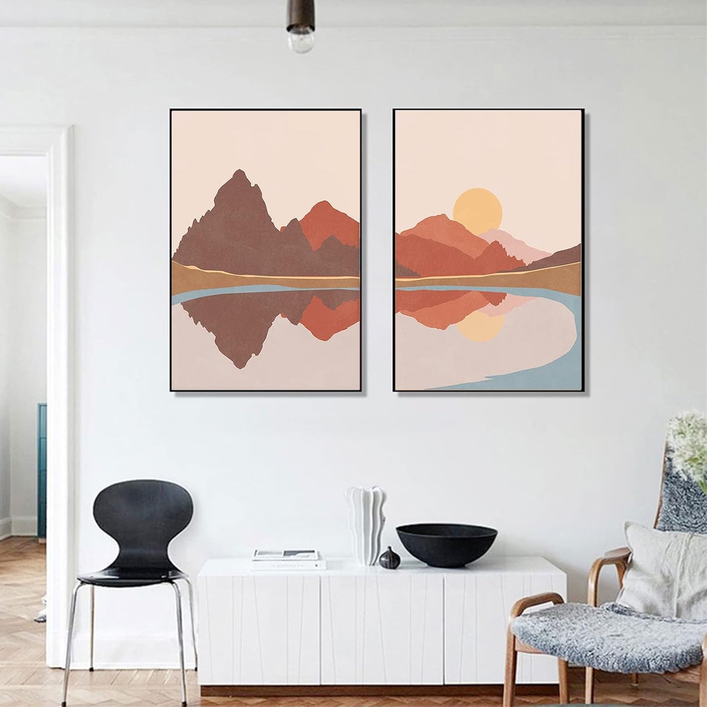 Bankrenart Nature Landscape Wall Art Prints, Mid Century Boho Mountain Sun Lake Wall Art, Modern Canvas Prints
