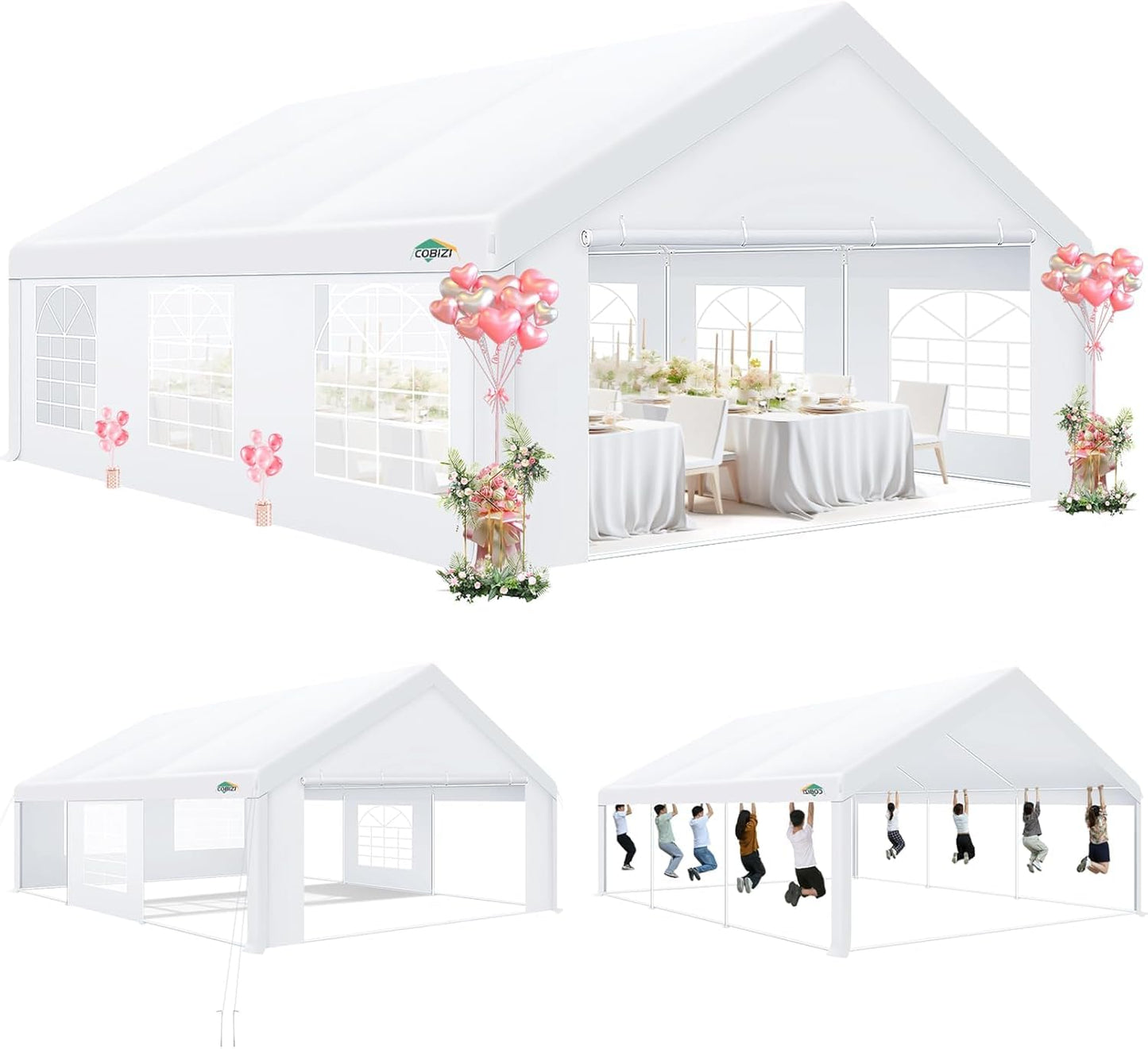 COBIZI 20x20 Party Tent Heavy Duty, Large Outdoor Event Tents for Parties with 6 Sidewalls & Built-in Sandbags,Waterproof Wedding Canopy Gazebo Temporary Shelter,Carport,Camping,Patio,Windproof