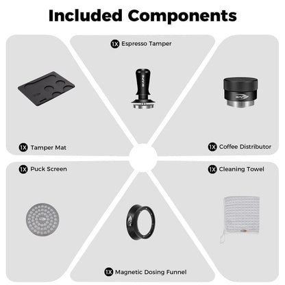 IKAPE 53.3MM Espresso Tamper Kit Black 6 IN 1, Espresso Tool Kit with Coffee Tamper, Distributor, Magnetic Dosing Funnel, Silicone Mat, Puck Screen, Cleaning Towel