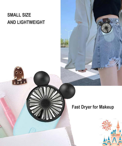 Cute Personal Mini Fan (2 PACK), USB Rechargeable Handheld Fan with Stylish LED Light, 3 Speed Adjustable, Cute Mouse