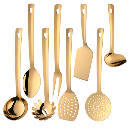 QIBOORUN Stainless Steel Kitchen Utensil Set -8 Cooking Utensils, Colorful Titanium Plated Set Kitchen Tools Gadgets Cake Shovels/Plain Spatula, Potato Masher, Spoon, Slotted Spoon-Gold