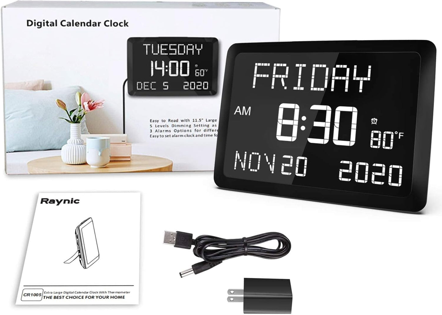 Raynic Digital Clock, 11.5" Large Display Calendar Clock with Day and Date, Indoor Temperature, Adjustable Brightness, Snooze,12/24H, DST for Home, Office, Elderly