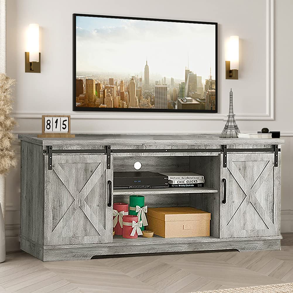 IDEALHOUSE Farmhouse TV Stand, Entertainment Center for 65 Inch TV Media Console Cabinet, White Barn Doors TV Stand with Storage and Shelves, Modern TV Console Table Furniture for Livingroom (Gray)