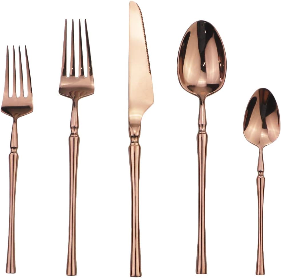 Copper Silverware Set, 5-Piece 18/10 Stainless Steel Flatware Cutlery Set, Mirror Finish, Dishwasher Safe