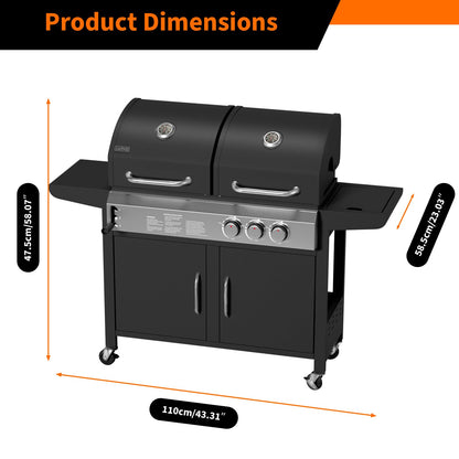 Garvee 3 Burner Propane Gas and Charcoal Grill Combo with Side Burner, Outdoor Dual Fuel Grill with Storage Cabinet for Patio & Party & Kitchen & Backyard Barbecue