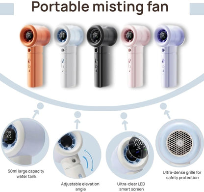Skiennix Handheld Portable Fan - Misting, Safety Lock & LED Display | High-Speed 20000 RPM Mini Fan (White)