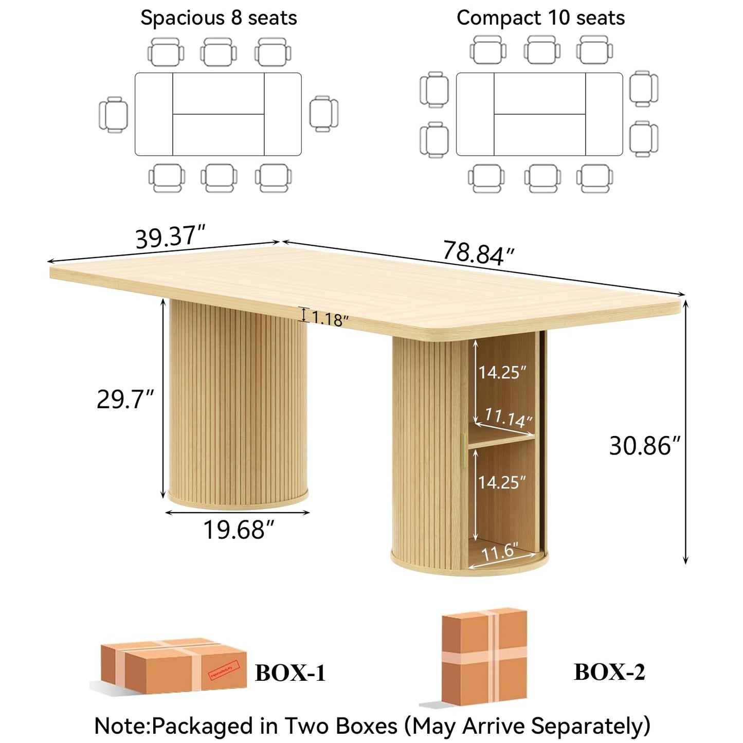 Gyfimoie 79" Dining Table for 8 to 10 People,Farmhouse Kitchen Dining Room Table with 2 Fluted Wood Strip Base & Slide Door,Mid Century Modern Dinner Table Furniture for Living Room,Kitchen,Natural