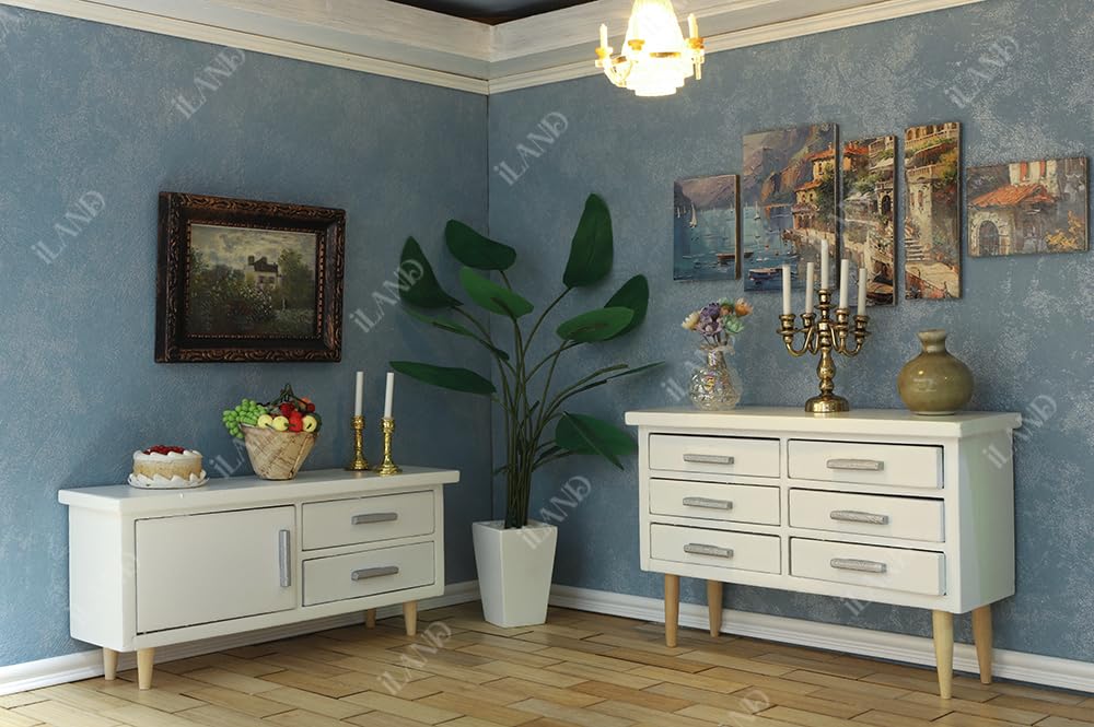 iLAND Dollhouse Furniture on 1/12 Scale of Dining-Room, Wooden Doll House Furniture Miniature of Table Chair & Cabinet (Modern Miniature Furniture 8pcs)