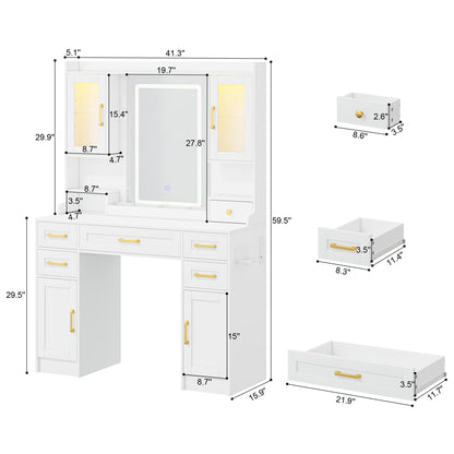 NBYSGO White Vanity with Mirror and LED Lights, Large Makeup Table Set with 2 Display Cabinets, 6 Drawers & 2 Storage Cabinets for Bedroom Dressing Room