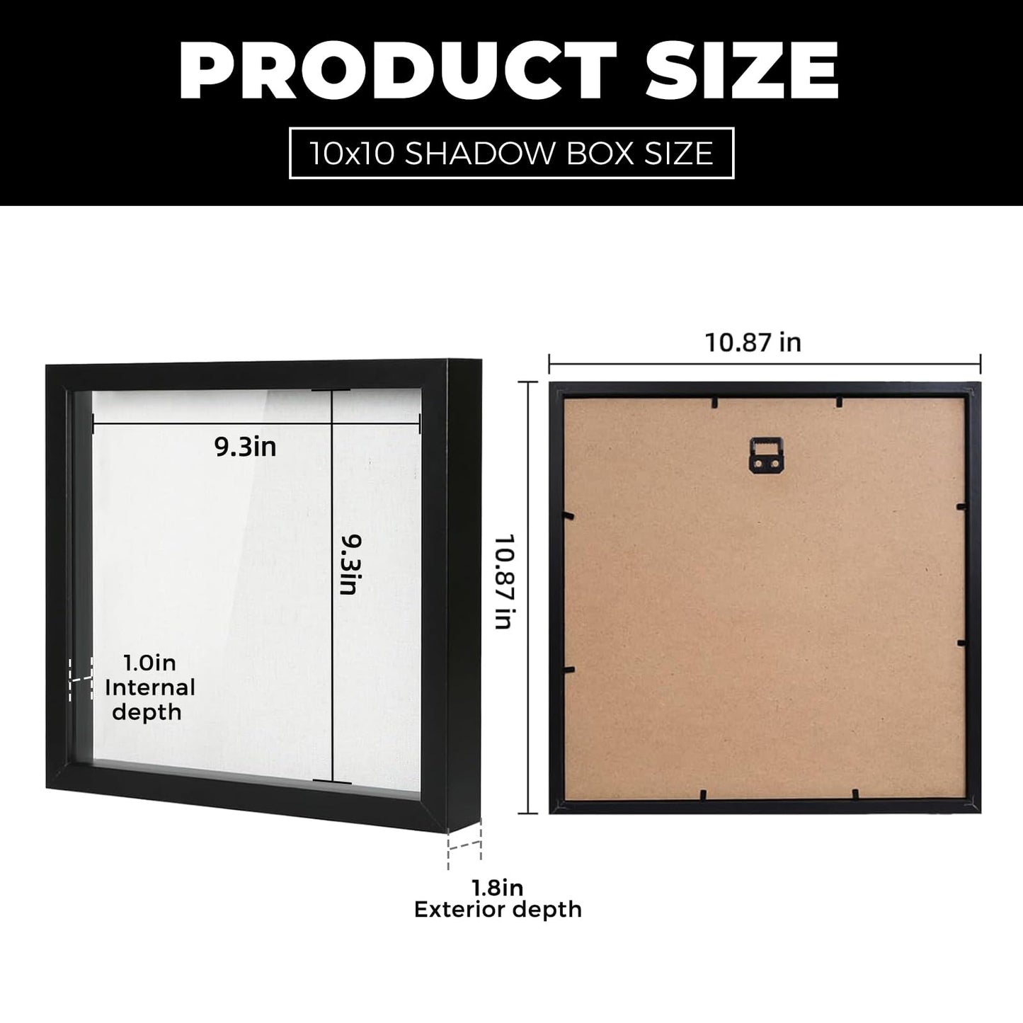 Muzilife 10x10 Shadow Box Picture Frame with Linen Board - Deep Wood & Glass Display Case Ready to Hang Memory Box Baby Sports Memorabilia, Pins, Awards, Medals, Wedding, Tickets and Photos (Black)