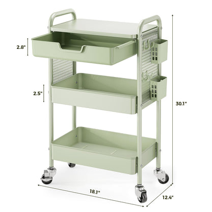 Rolling cart with Drawers - 3 Tier Metal Multifunctional Storage Organizors on Wheels with Tabletop, Hooks & Basket, Sturdy Craft & Art Cart for Bathroom, Bedroom, Children Room, Green