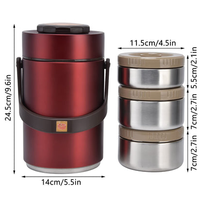 Qiilu Food Flask 2L Termos Para Comida Caliente 24 Horas 304 Stainless Steel 2.3L Vacuum Lunch Box 3 Layers Prevent Leakage Insulated Container For Work Travel (Red)