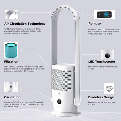 U ULTTY Bladeless Fan with Air Purifier, Quiet Tower Fan with Remote, Touch, 9 Speeds, 8H Timer, HEPA Filter 99.97%, 90° Oscillation Fans, Floor Fans Powerful for Home Office Room, CR022D White