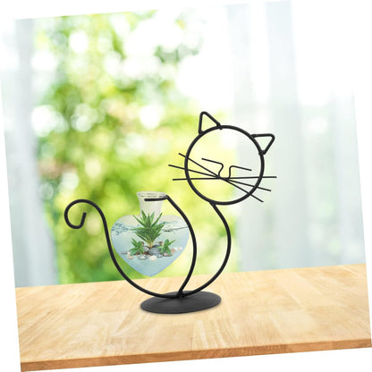 Cat Wrought Iron Vase, Metal Cat Terrarium Vase, Clear Plant Pots, Desk Topper Metal Planter, Household Iron Frame