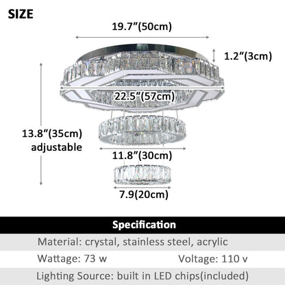 xychfantligh 22.5" Crystal Chandeliers Living Room Modern Chandelier Crystal Ceiling Light LED 2 Rings Pendant Light Flush Mount Chandelier for Bedroom Dining Room Entryway (Cool White)