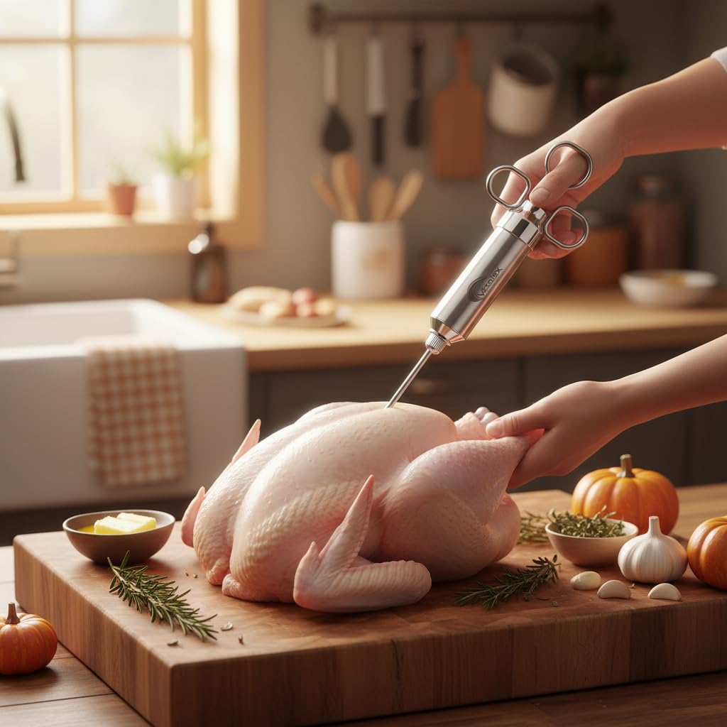 Vecolex 304 Stainless Steel Meat Injector Syringe-2 Oz Turkey Injector for Smoking with 3 Needles 3 Brushes-Spare O Rings-Food Injector for BBQ,Turkey & Brisket (Stainless Steel)