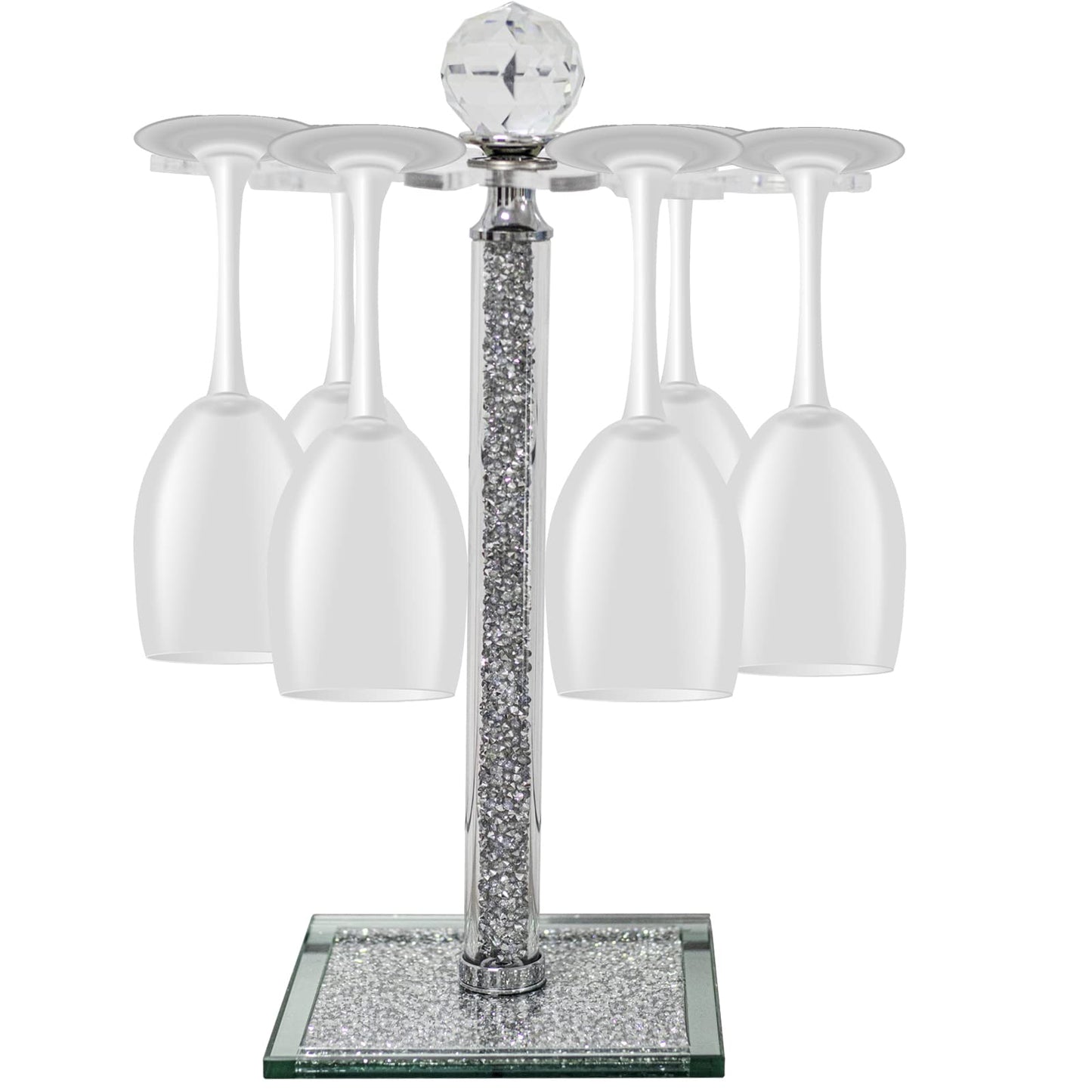 Crystal Wine Glass Holder, 14" H Silver Freestanding Wine Glass Rack Crushed Diamond Home Decor 6 Hook Countertop Stemware Rack Cup Drying Storage Holder Stand for Kitchen Dinning Table Bar (Silver)