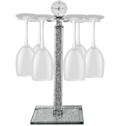 Crystal Wine Glass Holder, 14" H Silver Freestanding Wine Glass Rack Crushed Diamond Home Decor 6 Hook Countertop Stemware Rack Cup Drying Storage Holder Stand for Kitchen Dinning Table Bar (Silver)