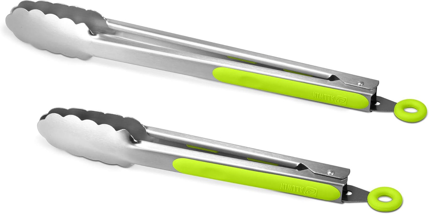 304 Stainless Steel Kitchen Cooking Tongs, 9" and 12" Set of 2 Sturdy Grilling Barbeque Locking Food Tongs with