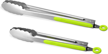 304 Stainless Steel Kitchen Cooking Tongs, 9" and 12" Set of 2 Sturdy Grilling Barbeque Locking Food Tongs with