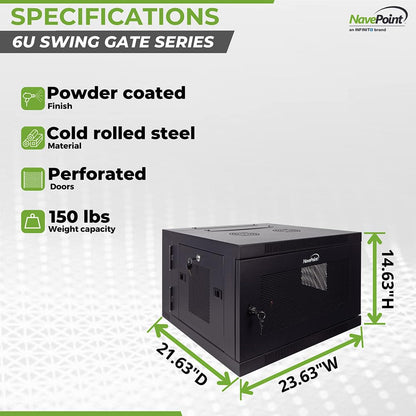 NavePoint 6U Server Cabinet with Hinged Back - 17.7” Deep, Server Rack Enclosure with Locking Perforated Door, Wall Mount Rack with Removable Side Panels, Network Cabinet, Pre-Assembled