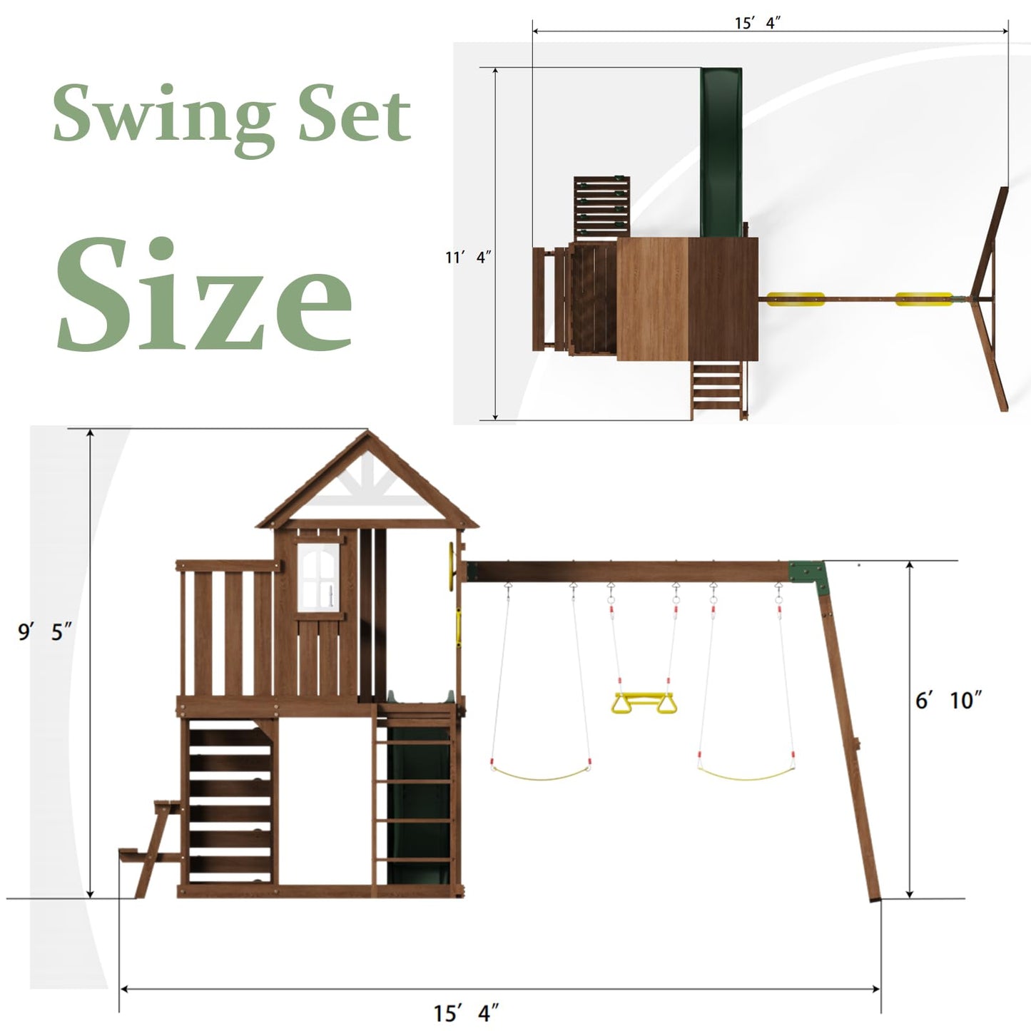 Wooden Swing Set with 2 Swings, Wave Slide, Play Deck, Climbing Wall & Trapeze Rings - Outdoor Backyard Playset for Kids - Heavy Duty Wooden Jungle Gym