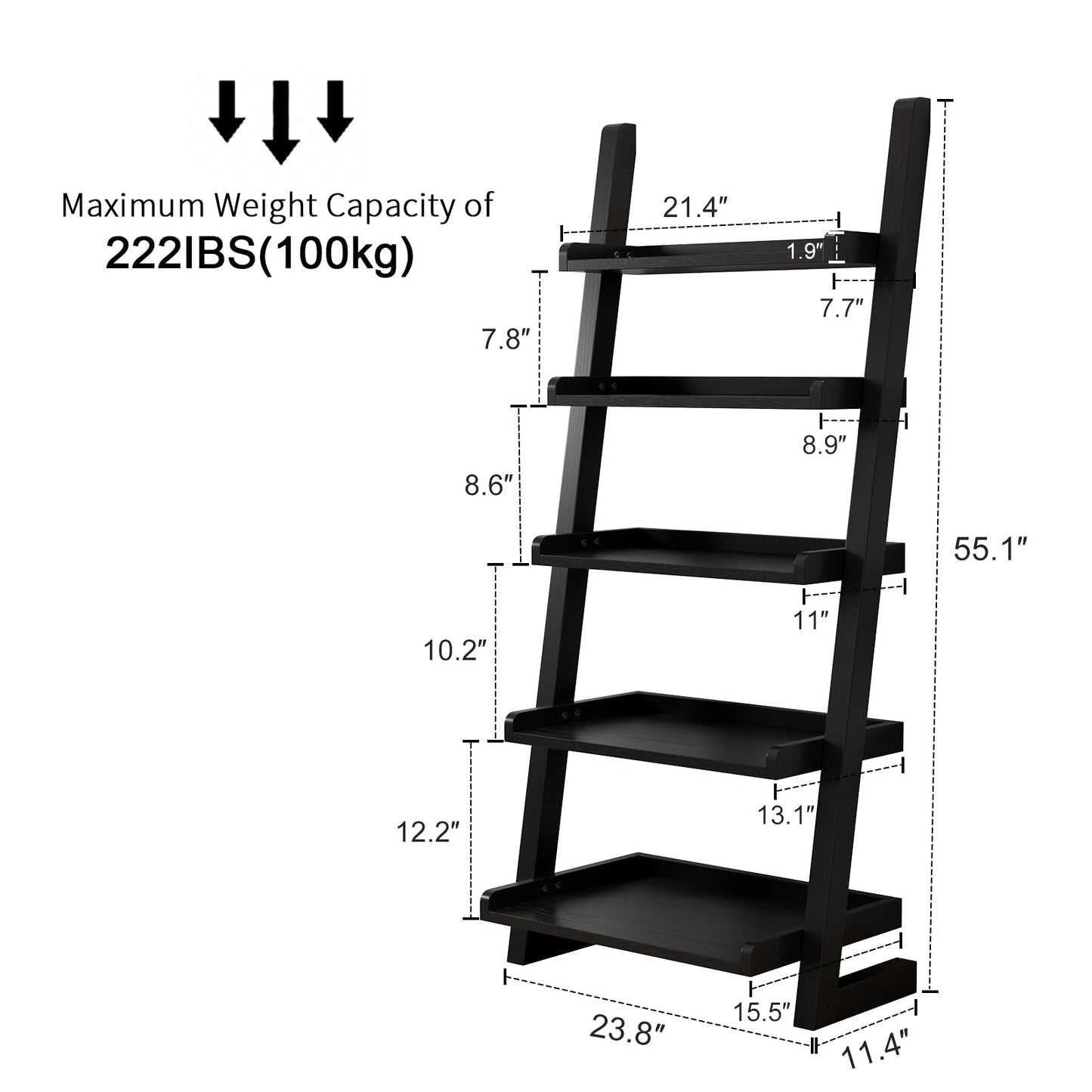 AQIMUELE Black Wooden Ladder Shelf with Edges, 5-Tier Modern Leaning Bookshelf Ladder – Stylish Space-Saving Bookcase for Living Room, Bedroom & Home Office