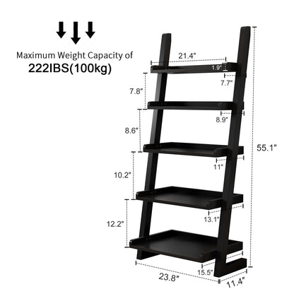 AQIMUELE Black Wooden Ladder Shelf with Edges, 5-Tier Modern Leaning Bookshelf Ladder – Stylish Space-Saving Bookcase for Living Room, Bedroom & Home Office