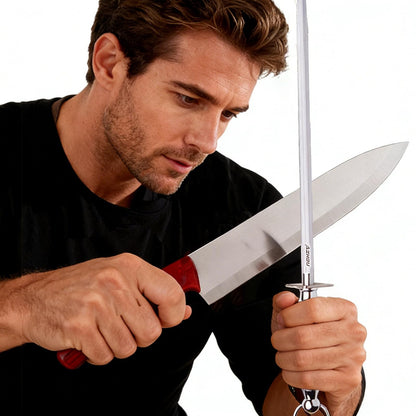 Azhou 12" Professional Knife Sharpener Steel Rod - High Carbon Steel (HRC 63), Fine 200 Grit for Kitchen & Chef Knives, Easy to Use with Non-Slip Wooden Handle & Gift Box